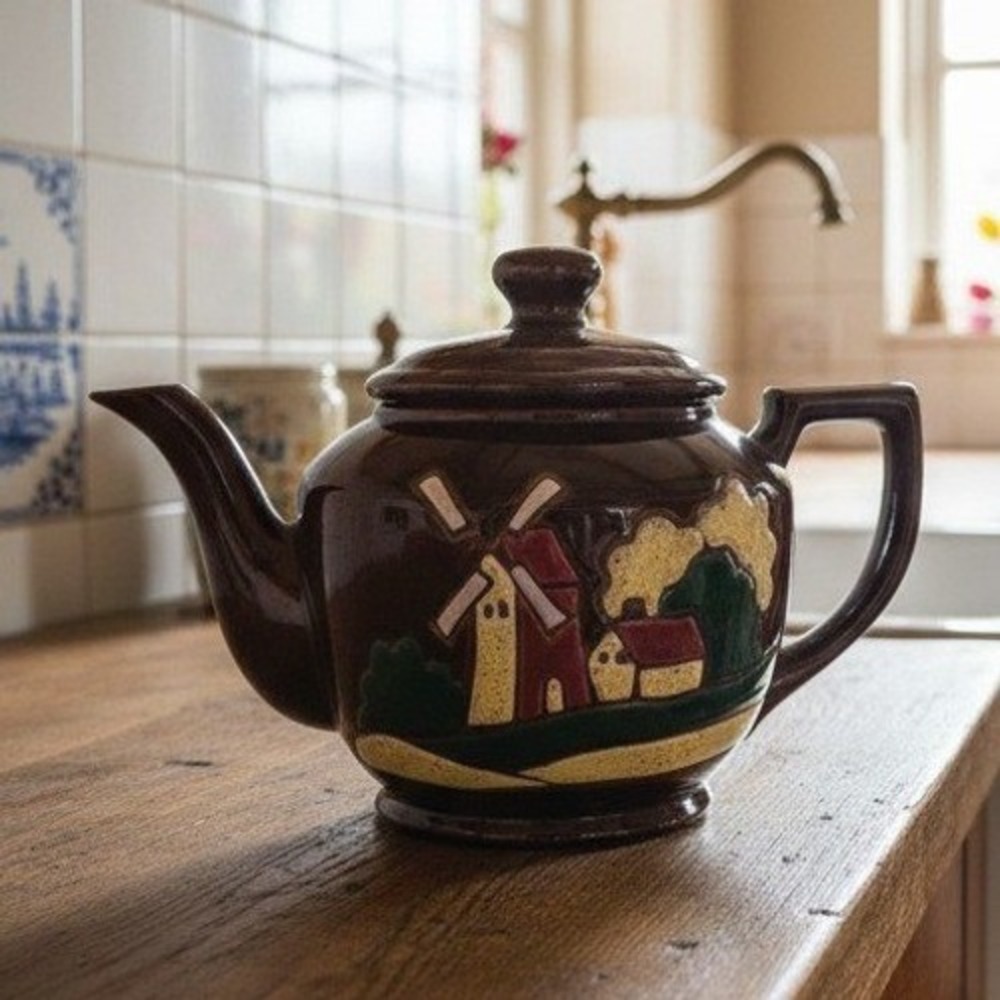 Windmill Design Brown Glazed Teapot, Vintage Hand Painted Tea Pot Occupied Japan
